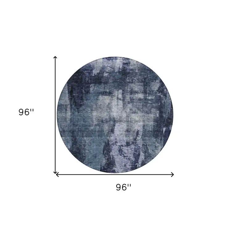 8' Navy Blue Black And Gray Round Abstract Washable Indoor Outdoor Area Rug