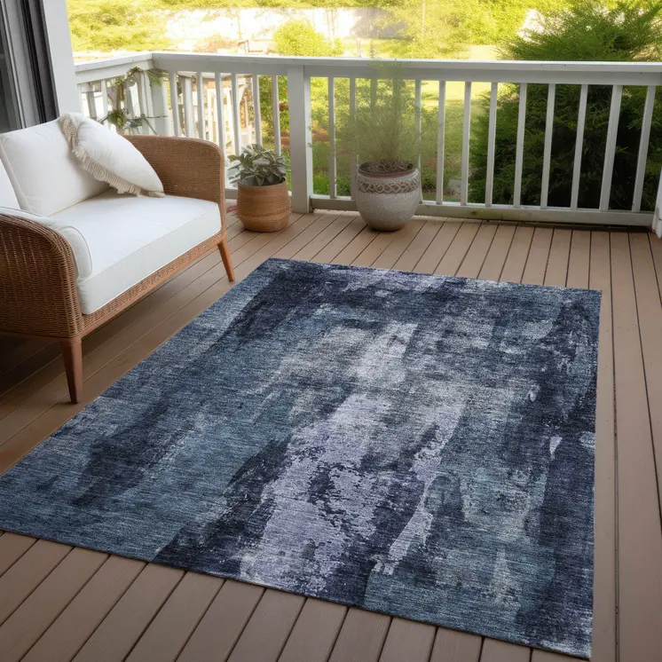 8' X 10' Navy Blue Black And Gray Abstract Washable Indoor Outdoor Area Rug
