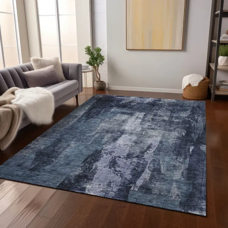 8' X 10' Navy Blue Black And Gray Abstract Washable Indoor Outdoor Area Rug