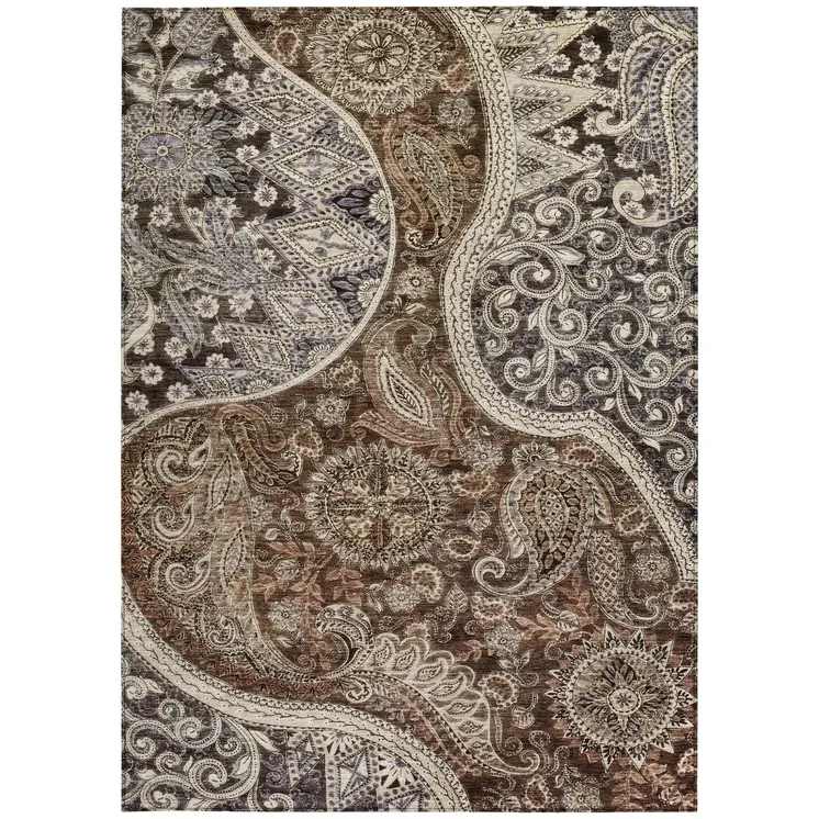 3' X 5' Brown Beige And Tan Floral Medallion Washable Indoor Outdoor Area Rug
