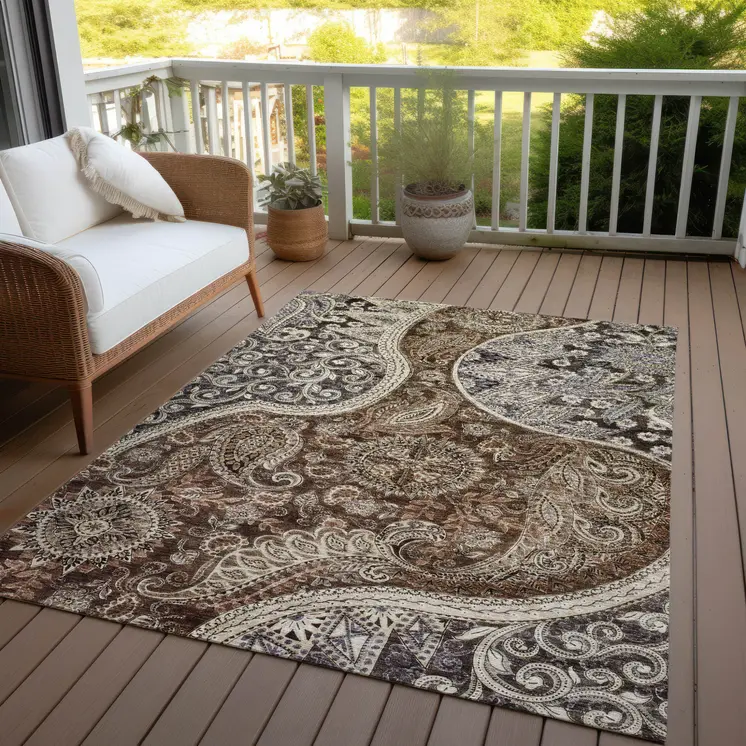 3' X 5' Brown Beige And Tan Floral Medallion Washable Indoor Outdoor Area Rug
