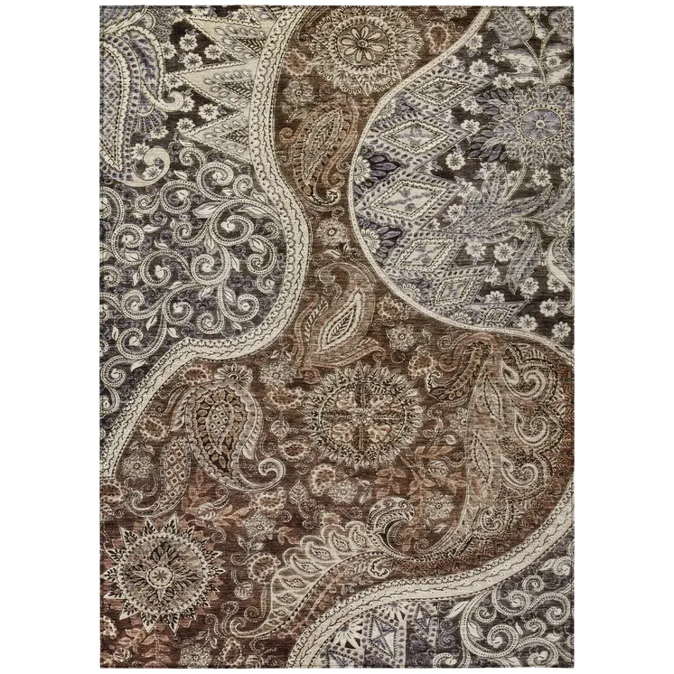 3' X 5' Brown Beige And Tan Floral Medallion Washable Indoor Outdoor Area Rug