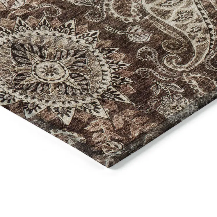 3' X 5' Brown Beige And Tan Floral Medallion Washable Indoor Outdoor Area Rug