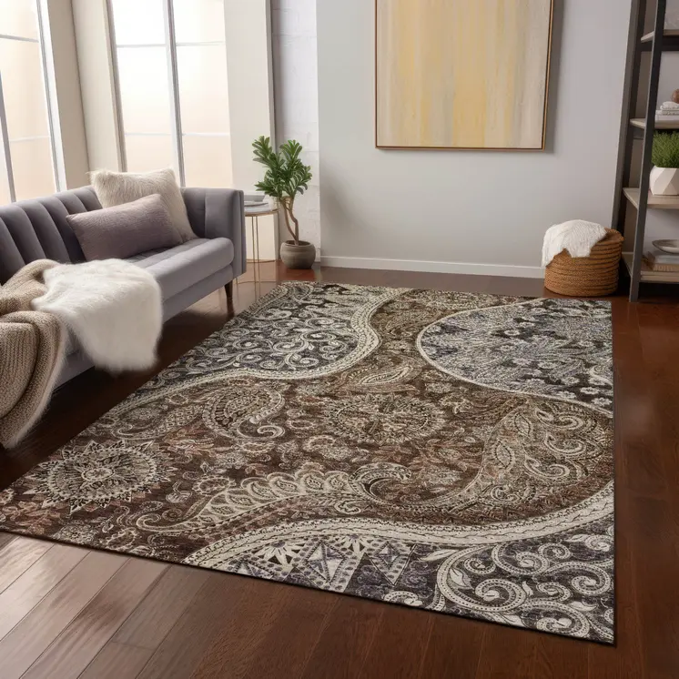 3' X 5' Brown Beige And Tan Floral Medallion Washable Indoor Outdoor Area Rug