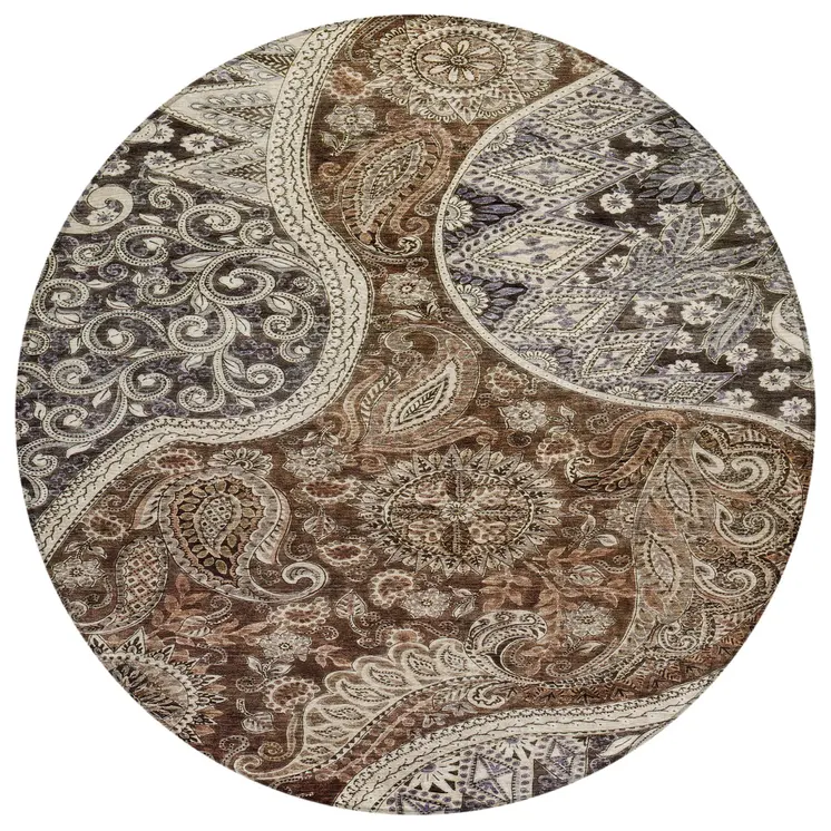 8' Brown Beige And Tan Round Floral Medallion Washable Indoor Outdoor Area Rug