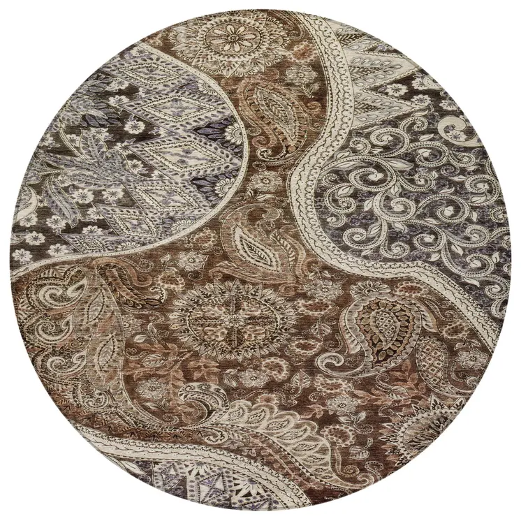 8' Brown Beige And Tan Round Floral Medallion Washable Indoor Outdoor Area Rug