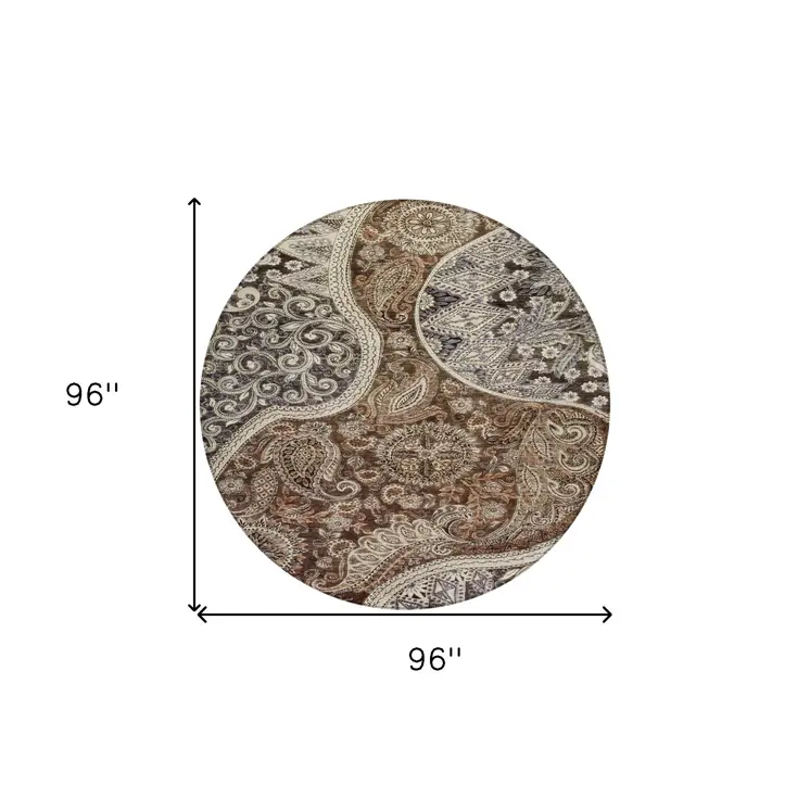 8' Brown Beige And Tan Round Floral Medallion Washable Indoor Outdoor Area Rug