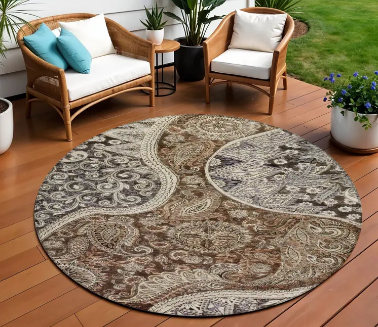 8' Brown Beige And Tan Round Floral Medallion Washable Indoor Outdoor Area Rug