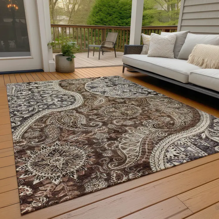 8' X 10' Brown Beige And Tan Floral Medallion Washable Indoor Outdoor Area Rug