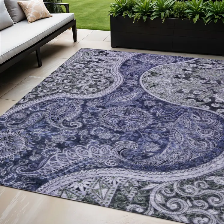 5' X 8' Navy Blue Gray And Green Floral Medallion Washable Indoor Outdoor Area Rug