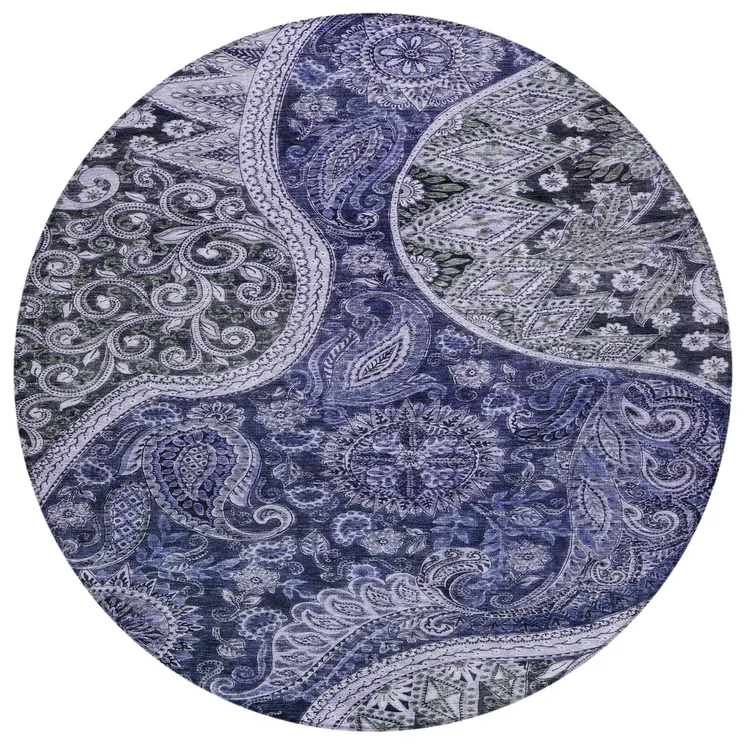 8' Navy Blue Gray And Green Round Floral Medallion Washable Indoor Outdoor Area Rug