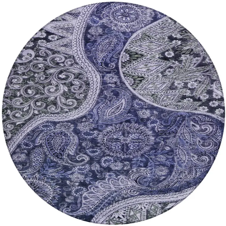 8' Navy Blue Gray And Green Round Floral Medallion Washable Indoor Outdoor Area Rug