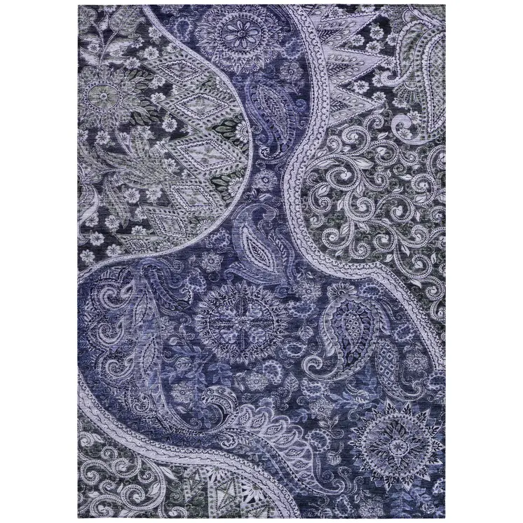 8' X 10' Navy Blue Gray And Green Floral Medallion Washable Indoor Outdoor Area Rug