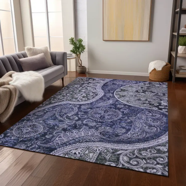 8' X 10' Navy Blue Gray And Green Floral Medallion Washable Indoor Outdoor Area Rug