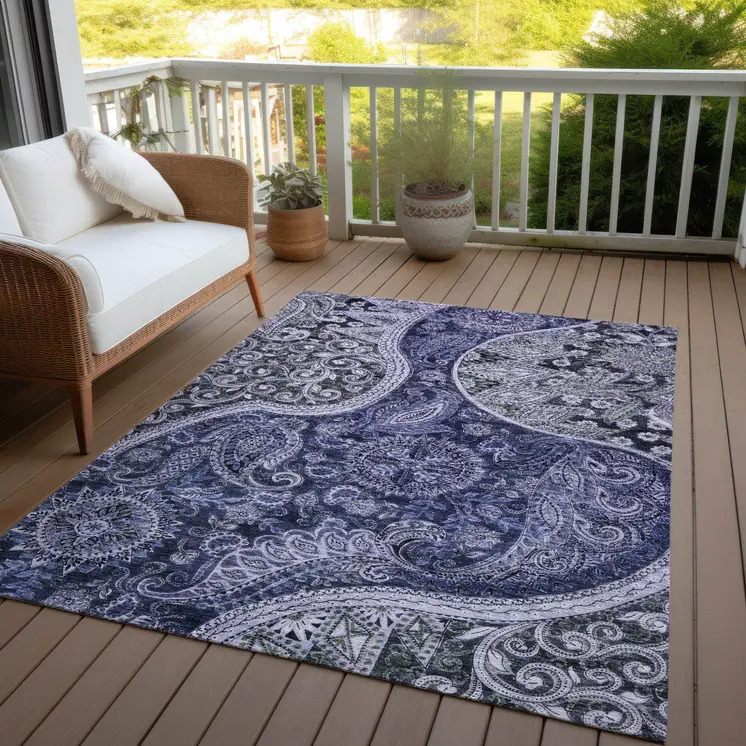 9' X 12' Navy Blue Gray And Green Floral Medallion Washable Indoor Outdoor Area Rug