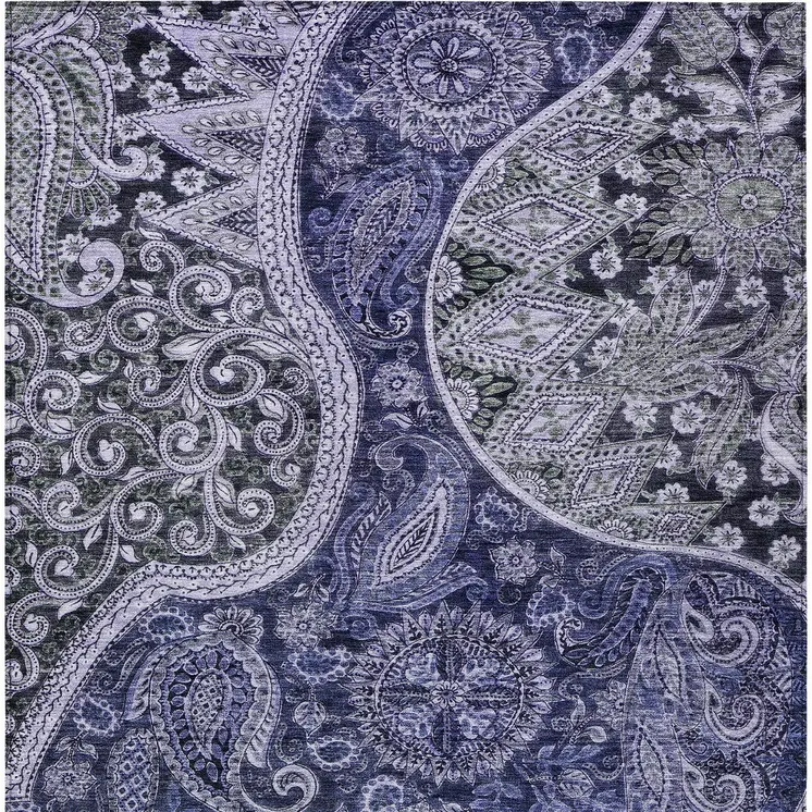 10' X 14' Navy Blue Gray And Green Floral Medallion Washable Indoor Outdoor Area Rug