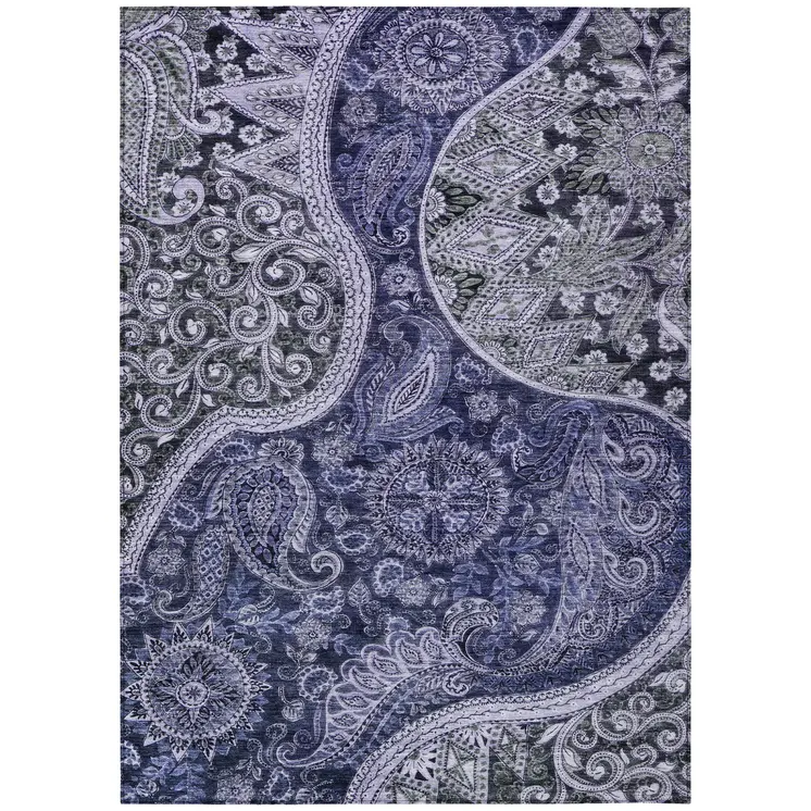 10' X 14' Navy Blue Gray And Green Floral Medallion Washable Indoor Outdoor Area Rug