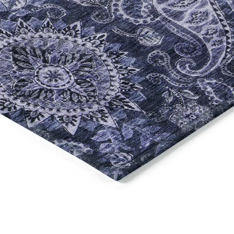 10' X 14' Navy Blue Gray And Green Floral Medallion Washable Indoor Outdoor Area Rug