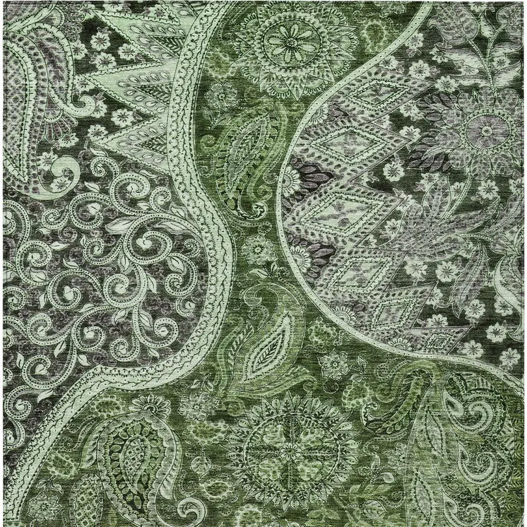 3' X 5' Olive Green Charcoal And Gray Floral Medallion Washable Indoor Outdoor Area Rug