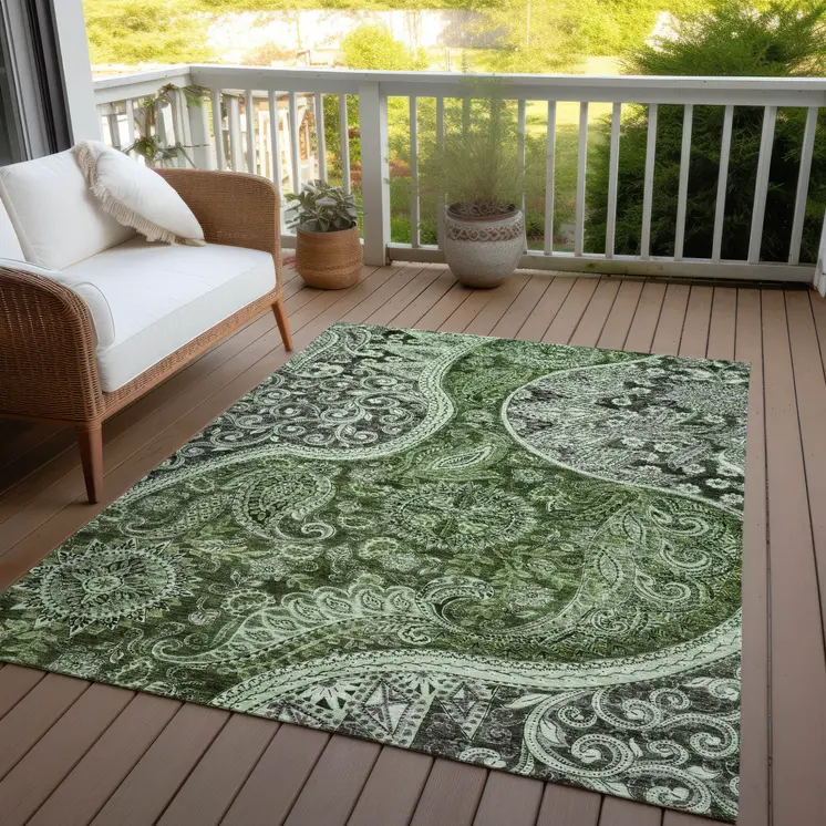 3' X 5' Olive Green Charcoal And Gray Floral Medallion Washable Indoor Outdoor Area Rug