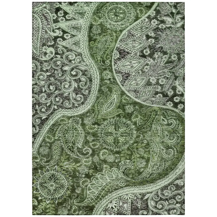 3' X 5' Olive Green Charcoal And Gray Floral Medallion Washable Indoor Outdoor Area Rug