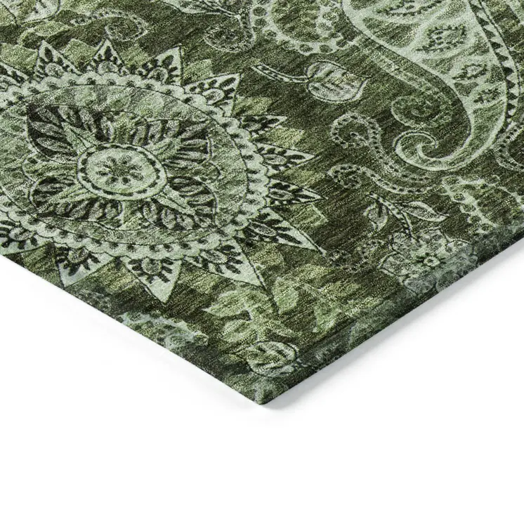 3' X 5' Olive Green Charcoal And Gray Floral Medallion Washable Indoor Outdoor Area Rug