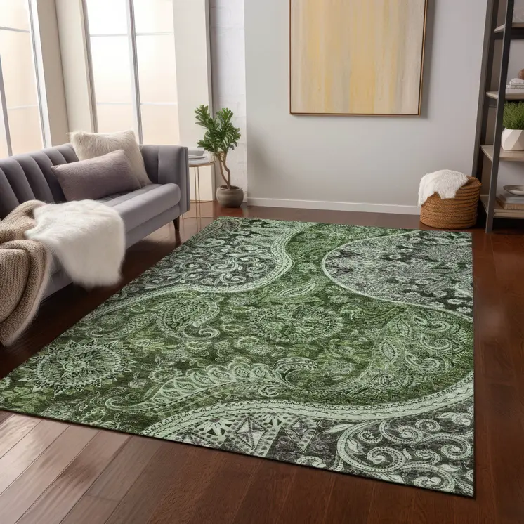 3' X 5' Olive Green Charcoal And Gray Floral Medallion Washable Indoor Outdoor Area Rug
