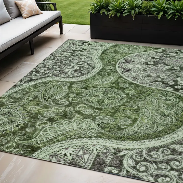 5' X 8' Olive Green Charcoal And Gray Floral Medallion Washable Indoor Outdoor Area Rug