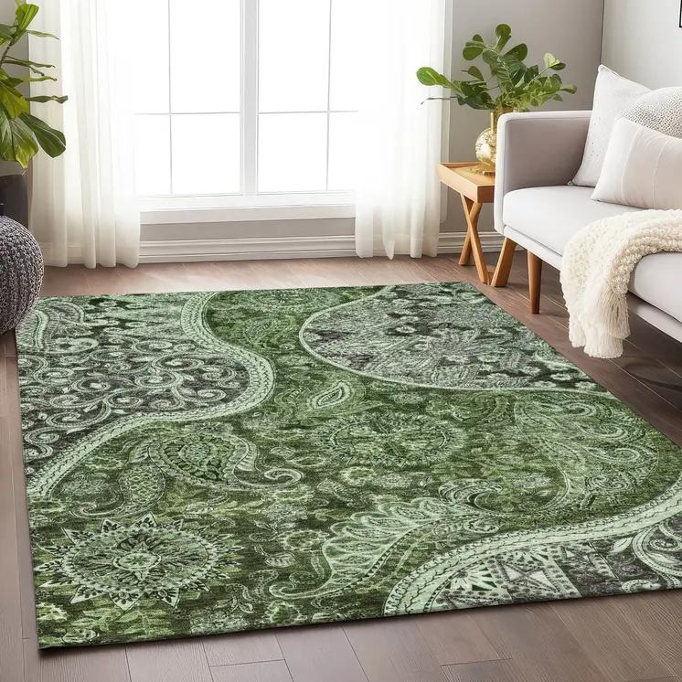 5' X 8' Olive Green Charcoal And Gray Floral Medallion Washable Indoor Outdoor Area Rug