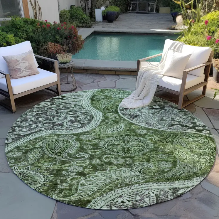 8' Olive Green Charcoal And Gray Round Floral Medallion Washable Indoor Outdoor Area Rug