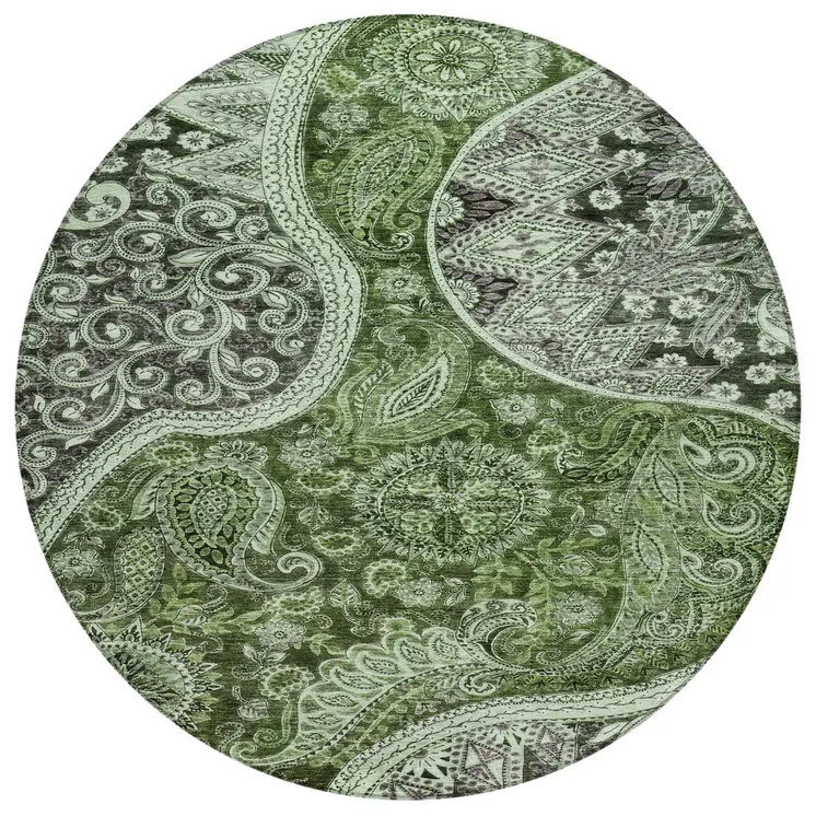 8' Olive Green Charcoal And Gray Round Floral Medallion Washable Indoor Outdoor Area Rug
