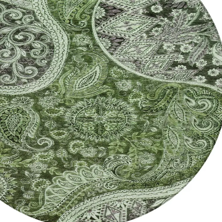 8' Olive Green Charcoal And Gray Round Floral Medallion Washable Indoor Outdoor Area Rug