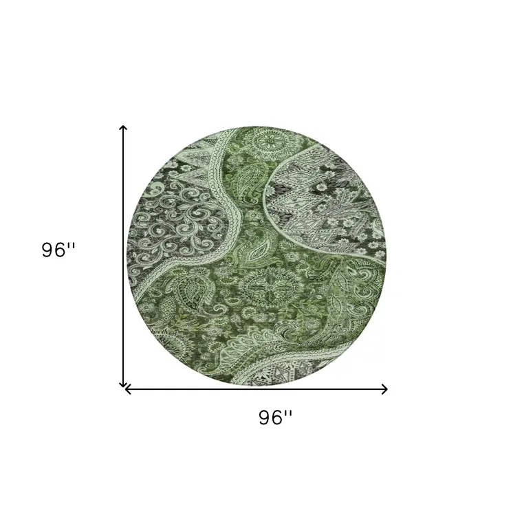 8' Olive Green Charcoal And Gray Round Floral Medallion Washable Indoor Outdoor Area Rug
