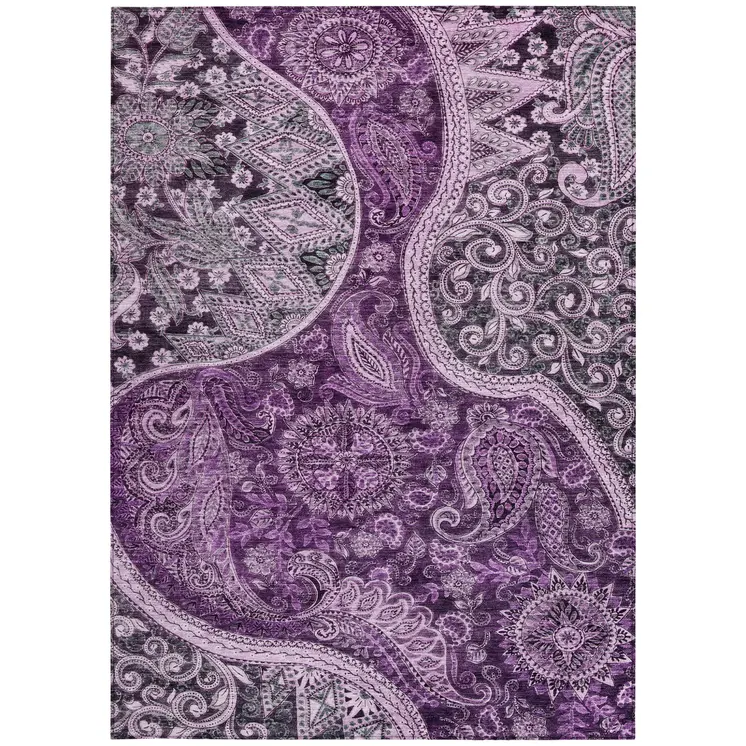 3' X 5' Purple And Charcoal Floral Medallion Washable Indoor Outdoor Area Rug