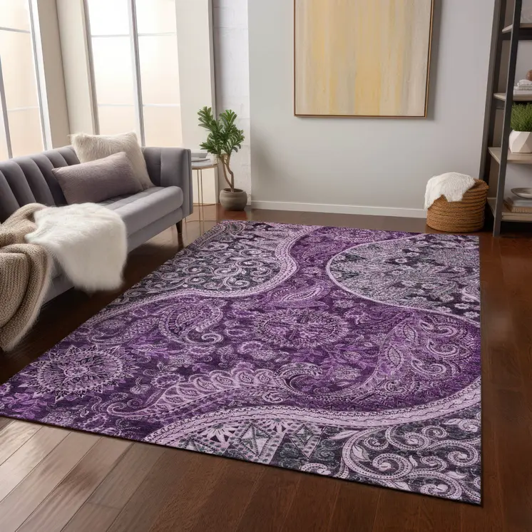 3' X 5' Purple And Charcoal Floral Medallion Washable Indoor Outdoor Area Rug
