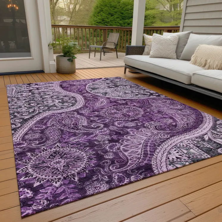 3' X 5' Purple And Charcoal Floral Medallion Washable Indoor Outdoor Area Rug