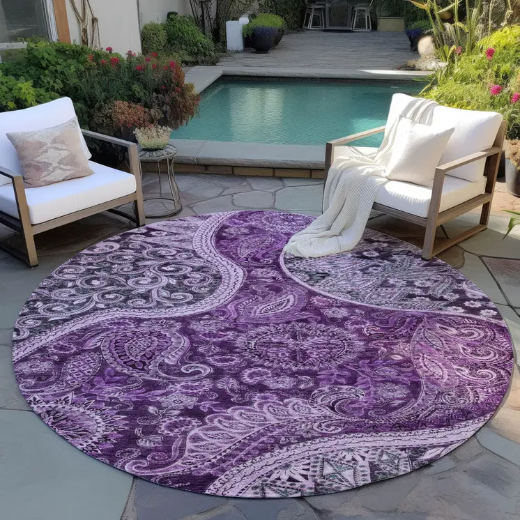 8' Purple And Charcoal Round Floral Medallion Washable Indoor Outdoor Area Rug