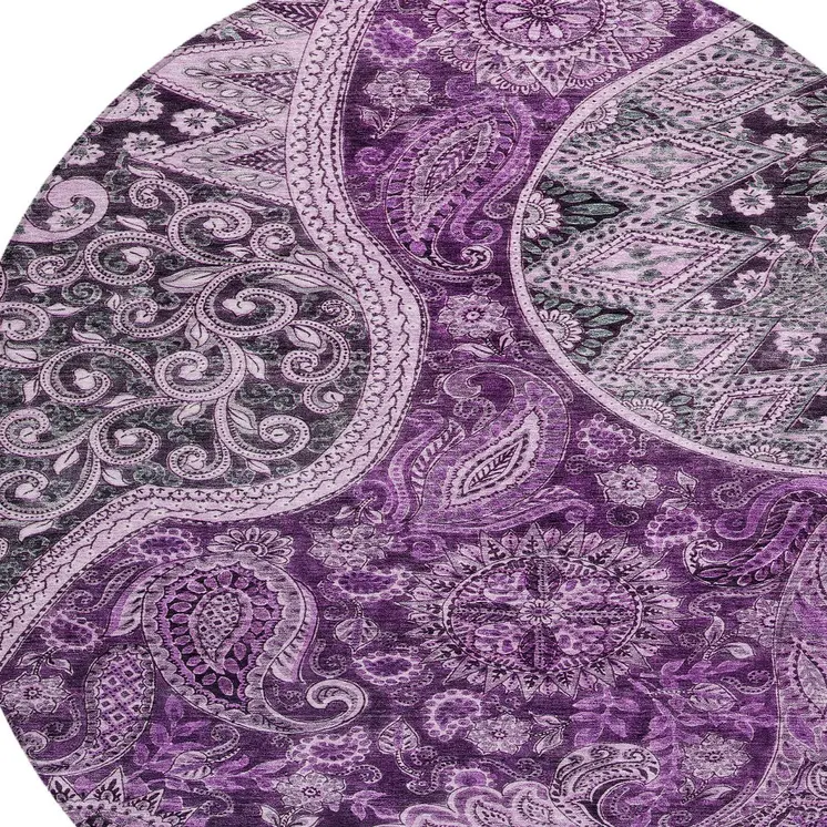 8' Purple And Charcoal Round Floral Medallion Washable Indoor Outdoor Area Rug