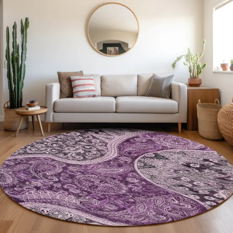 8' Purple And Charcoal Round Floral Medallion Washable Indoor Outdoor Area Rug