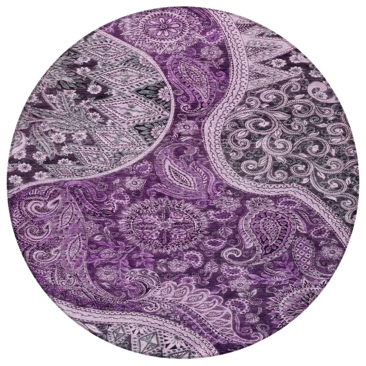 8' Purple And Charcoal Round Floral Medallion Washable Indoor Outdoor Area Rug