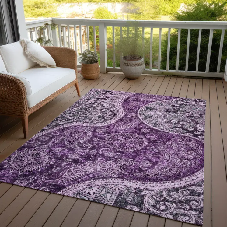 10' X 14' Purple And Charcoal Floral Medallion Washable Indoor Outdoor Area Rug
