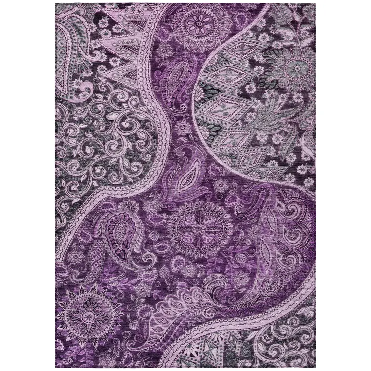 10' X 14' Purple And Charcoal Floral Medallion Washable Indoor Outdoor Area Rug