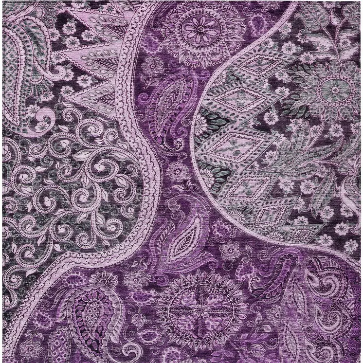 10' X 14' Purple And Charcoal Floral Medallion Washable Indoor Outdoor Area Rug