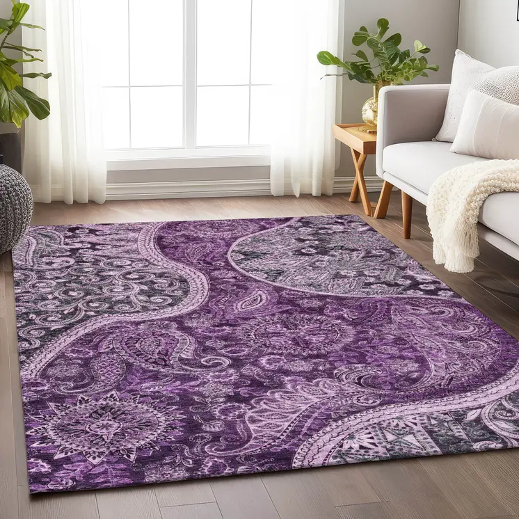 10' X 14' Purple And Charcoal Floral Medallion Washable Indoor Outdoor Area Rug