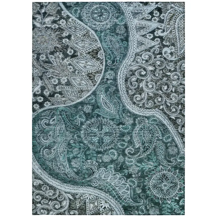 3' X 5' Teal Blue And Dark Green Floral Medallion Washable Indoor Outdoor Area Rug