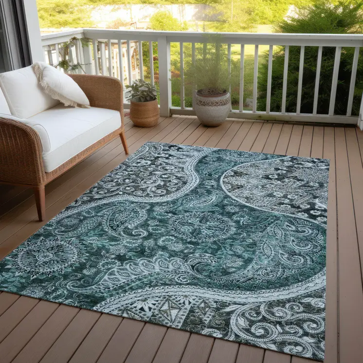 3' X 5' Teal Blue And Dark Green Floral Medallion Washable Indoor Outdoor Area Rug