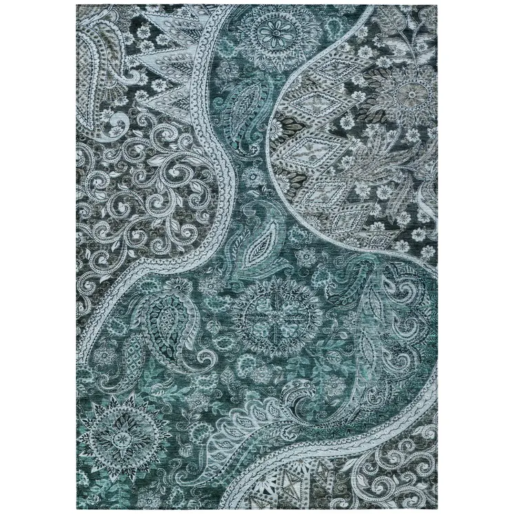 3' X 5' Teal Blue And Dark Green Floral Medallion Washable Indoor Outdoor Area Rug