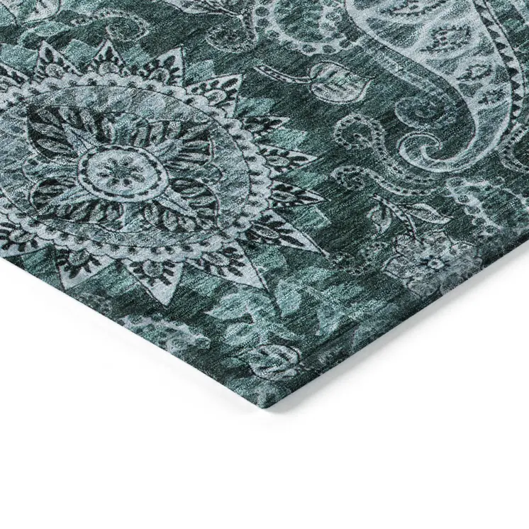 3' X 5' Teal Blue And Dark Green Floral Medallion Washable Indoor Outdoor Area Rug