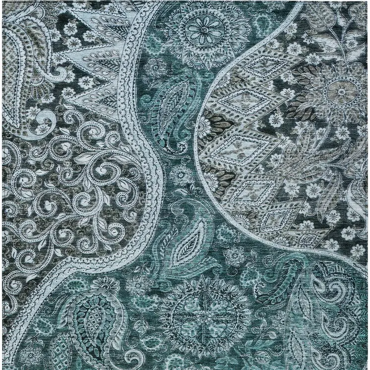 3' X 5' Teal Blue And Dark Green Floral Medallion Washable Indoor Outdoor Area Rug