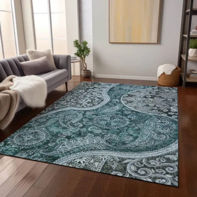 3' X 5' Teal Blue And Dark Green Floral Medallion Washable Indoor Outdoor Area Rug